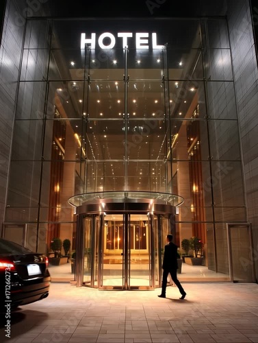 Modern luxury hotel entrance with glass facade night lights and business traveler walking inside