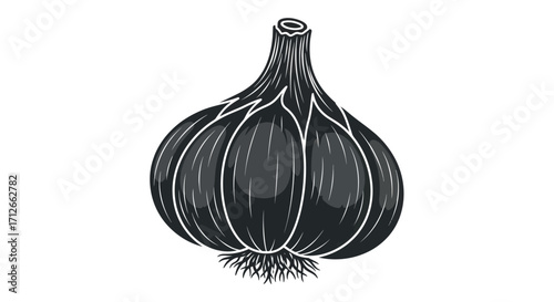 Detailed illustration of a whole black garlic bulb.