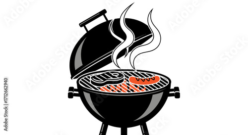 Classic kettle barbecue grill with smoking hot food.