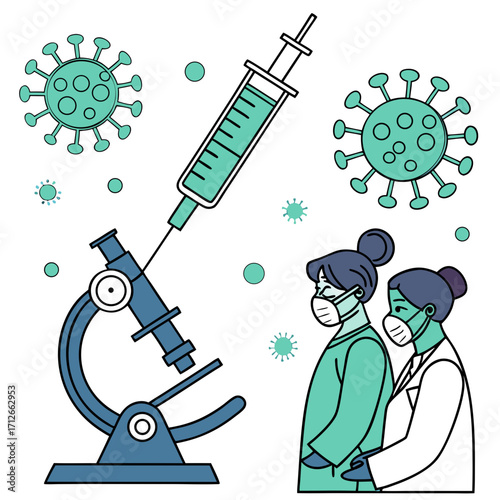 Scientists in protective masks examine coronavirus particles under a microscope with a syringe ready for vaccination research and development against the global pandemic