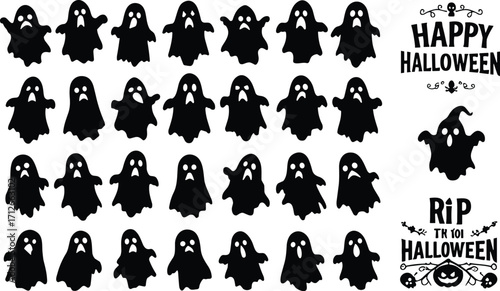 Halloween ghost silhouette collection, spooky ghost illustration, scary ghost vector art, haunted ghost design, Happy Halloween text graphic decoration