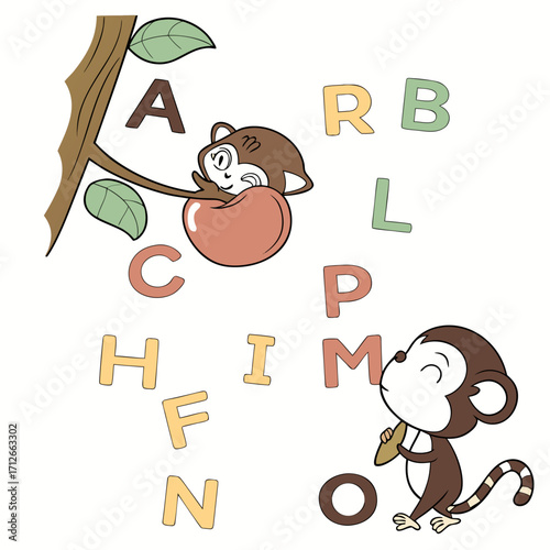 Cute cartoon monkeys playing with colorful alphabet letters and a large red apple on a white background perfect for educational children s content and playful designs