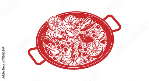 Red line art illustration of a traditional Spanish seafood paella.
