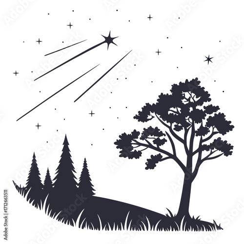 Silhouette of a solitary tree and evergreen forest under a starry night sky with a spectacular shooting star streaking across the vast expanse