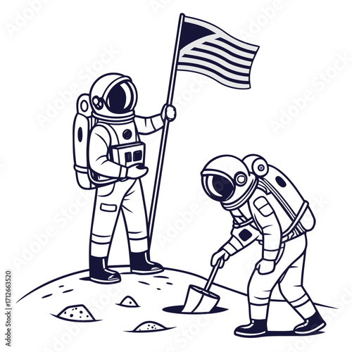 Two astronauts explore a new planet one plants a flag and the other digs for samples representing space exploration and discovery