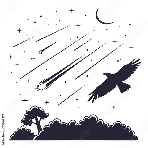 Silhouette of a majestic eagle soaring through a starry night sky filled with numerous shooting stars and a crescent moon above a silhouetted landscape of trees and clouds