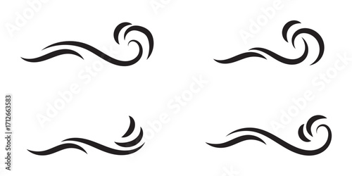 Black waves and splashes of water set. Swirls, curves and flow of liquid clip art. Silhouette of water flows, vector elements on a white background.