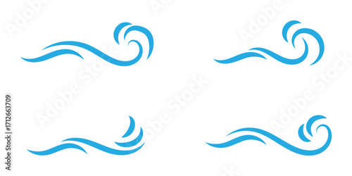 Wind line doodle set. Blue hand drawn wind swirls and gusts. Decorative breeze symbols for weather, nature, and climate designs.