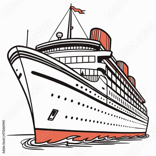 A stylized illustration of a grand white passenger cruise ship with red accents and a flag on its mast sailing on wavy blue water against a white background
