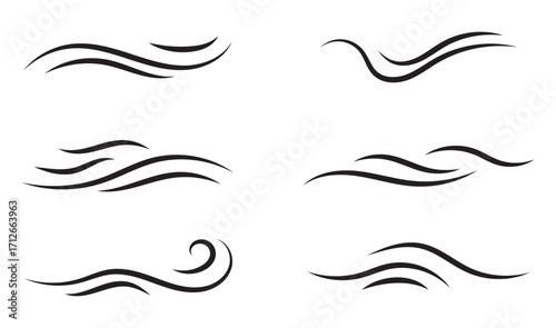 Wind linear sketch set, wind blow line icon. Isolated vector illustration. Wind motion, air blow, swirl elements. Air blow motion, smoke flow art, windy weather symbol, abstract curved line.