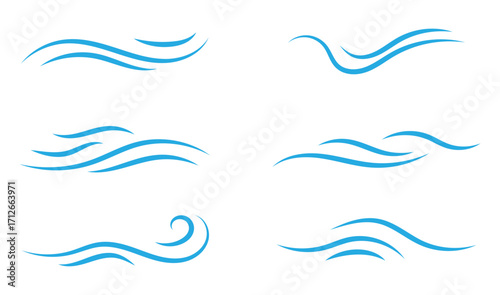Wind linear sketch set, wind blow line icon. Isolated vector illustration. Wind motion, air blow, swirl elements. Air blow motion, smoke flow art, windy weather symbol, abstract curved line.