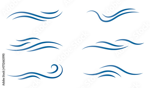 Wind linear sketch set, wind blow line icon. Isolated vector illustration. Wind motion, air blow, swirl elements. Air blow motion, smoke flow art, windy weather symbol, abstract curved line.