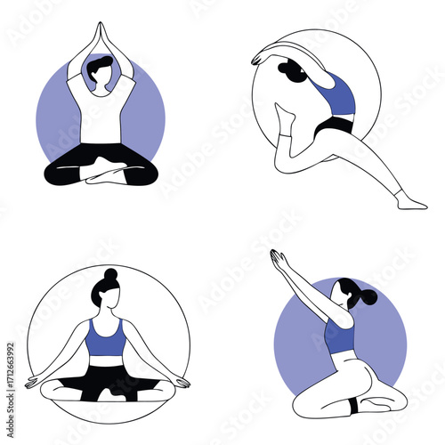 Set of people practicing yoga and meditation in various poses