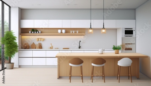 modern kitchen white design with wooden chair and lamp