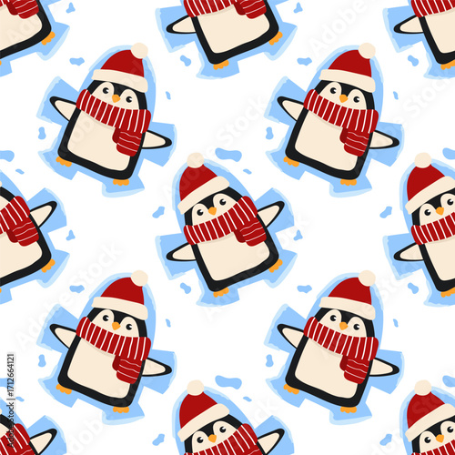 A seamless pattern with a cute penguin making a snow angel. Fun Christmas print with winter character.