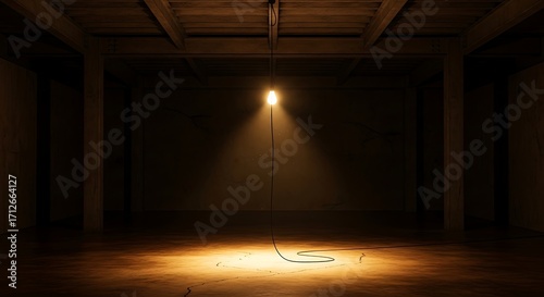 Single Light Illuminates Dark Room Interior.