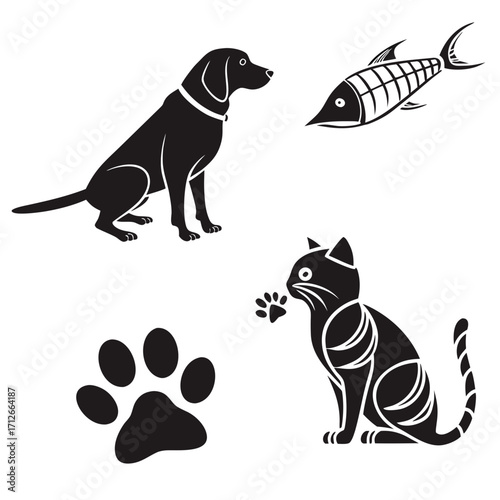 A black silhouette of a sitting dog a stylized fish skeleton a curious cat reaching for a paw print and a large paw print on a white background representing pets and their food