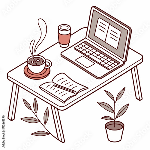 Cozy isometric illustration of a wooden table with a laptop open book steaming coffee cup takeaway coffee cup and potted plant perfect for remote work or study