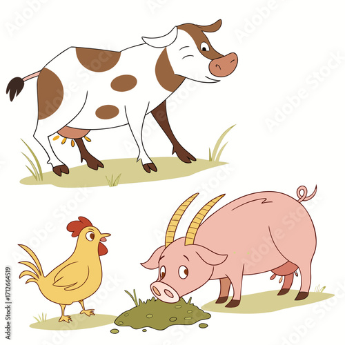 A charming cartoon illustration featuring a happy spotted cow standing in grass a pink pig with horns eating from a mound of grass and a yellow chicken