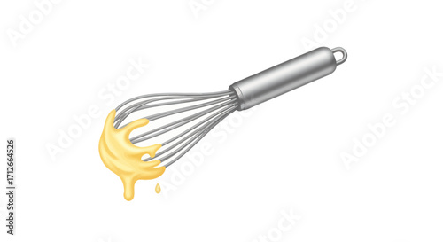 A stainless steel kitchen whisk with yellow batter.