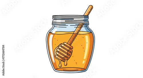 Glass jar of golden honey with a wooden dipper stick.