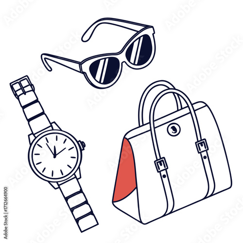 Stylish collection of essential accessories including a classic wristwatch fashionable sunglasses and a chic duffel bag perfect for travel or everyday use