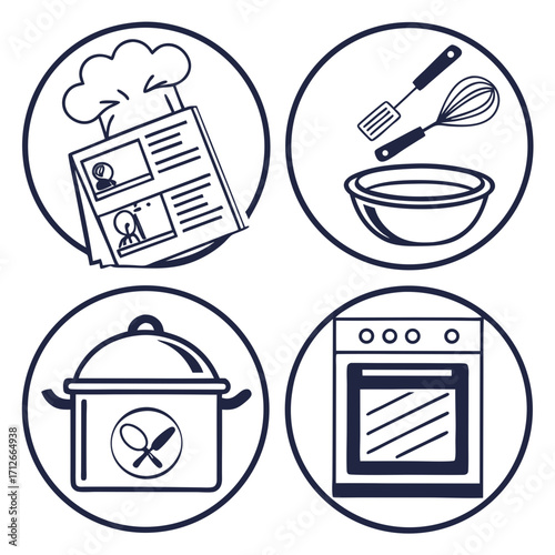 Culinary icons representing cooking education recipe book kitchen tools a pot and an oven for food preparation and culinary arts