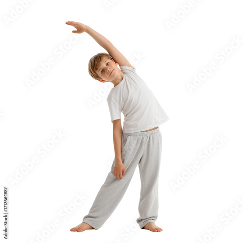 Young active boy in white shirt and pants performing a side bend stretch exercise on a isolated on transparent background
