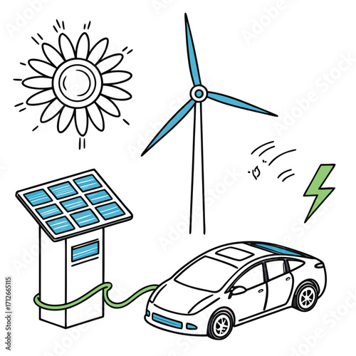 Illustration of renewable energy sources including a sun wind turbine and solar panel charging an electric vehicle symbolizing a clean and sustainable future for transportation and power generation