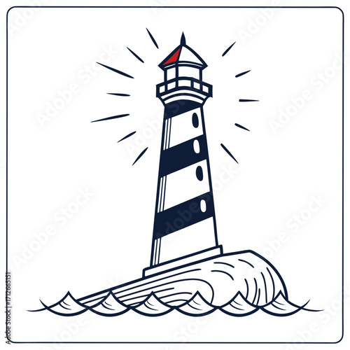 A stylized illustration of a classic striped lighthouse standing tall on a rocky outcrop surrounded by stylized waves emitting beams of light into the darkness