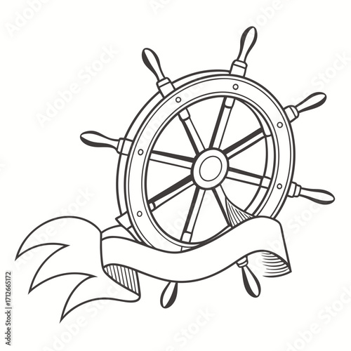 A classic black and white illustration of a ship s steering wheel with a flowing ribbon banner evoking nautical themes and adventure on the high seas