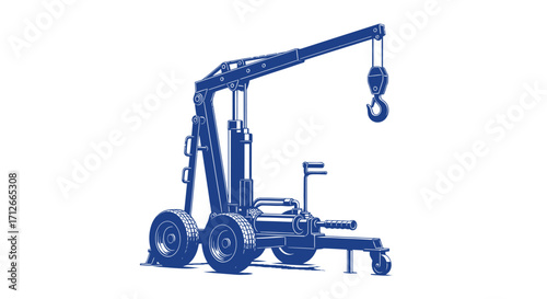 Blue portable hydraulic engine hoist crane on wheels.