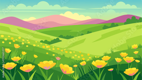 A tranquil scene of rolling hills covered in a sea of lush velvety grass accented by splashes of bright yellow buttercups and delicate pink primroses.