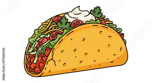 Hand drawn illustration of a crunchy taco with toppings.