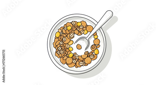 Hand drawn illustration of a cereal bowl with milk and a spoon.