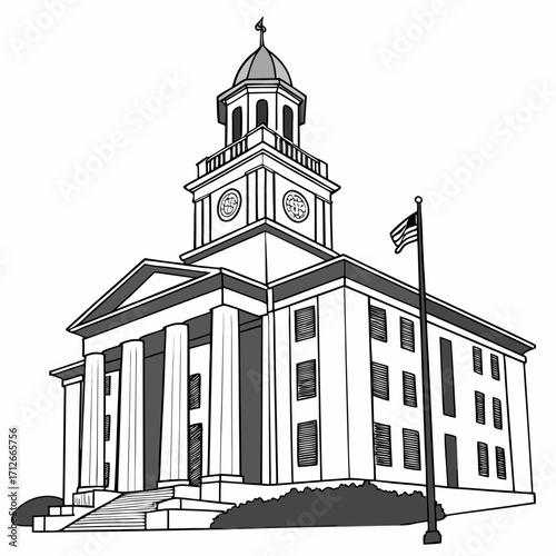 A majestic neoclassical building with a prominent clock tower and a dome stands proudly with an american flag waving in front on a clear white background