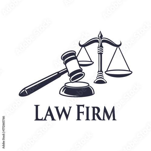 A stylized graphic illustration featuring a dark gavel poised above its block next to the iconic scales of justice representing a law firm and legal services
