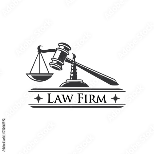 Symbolic illustration of a law firm featuring a balanced scale of justice and a gavel representing legal proceedings and fair judgment for legal services