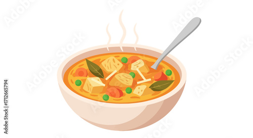 Steaming hot bowl of vegetable soup with tofu and peas.