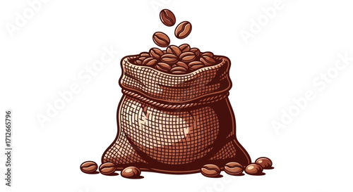 Vintage illustration of a burlap sack overflowing with roasted coffee beans.