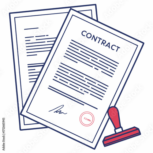 Official contract documents with a signature and a red stamp are ready for approval and sealing representing legal agreements and business transactions