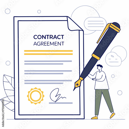 A person signing a contract agreement with a large fountain pen symbolizing legal documents business deals and official commitments with a clear visual representation of the signing process