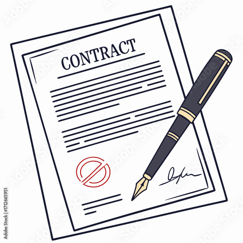 A contract document with lines of text a signature a red stamp indicating rejection or prohibition and a fountain pen poised to sign symbolizing agreement legal documents and business transactions