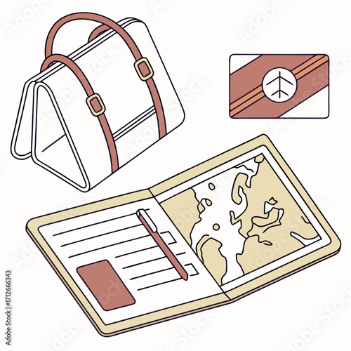 A travel bag a map and a boarding pass are laid out on a white background symbolizing the preparation and excitement of embarking on a journey