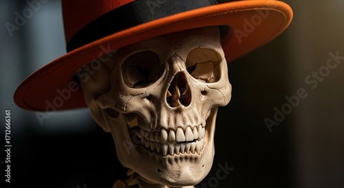 Skeleton Wearing a Red and Orange Hat.