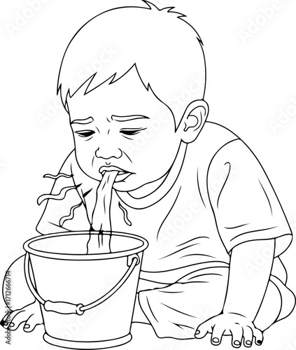 A distressed child is shown in a black and white line drawing, sitting on the floor and vomiting into a bucket.