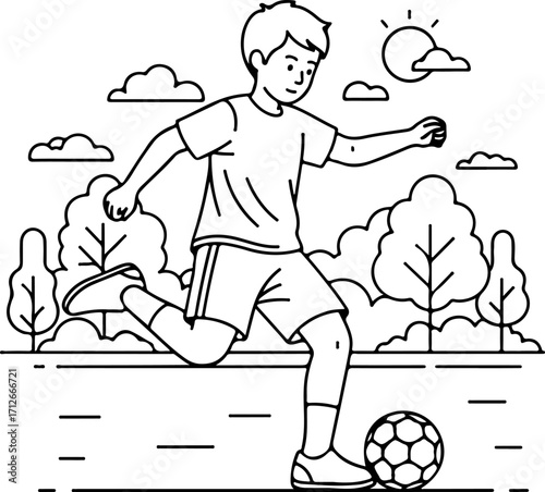 A young boy playing soccer in a park on a sunny day with trees and clouds in the background.
