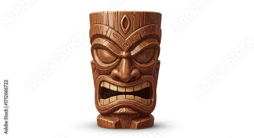 Traditional Wooden Tiki Mug with Intricate Carvings and Expressive Face.