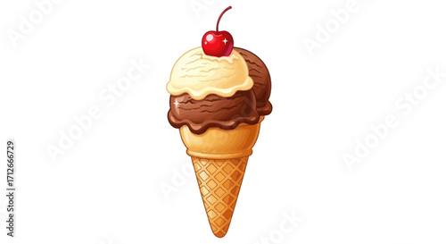 Delicious two scoop ice cream cone with cherry topping a sweet frozen dessert.