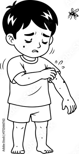 A young boy scratching his arm covered in mosquito bites, looking distressed as a mosquito flies nearby.